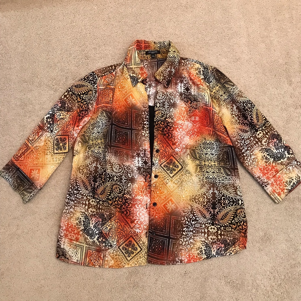 Notations Blouse Womens Plus Size 1X Earth Tones Button Down Built In Tank Top